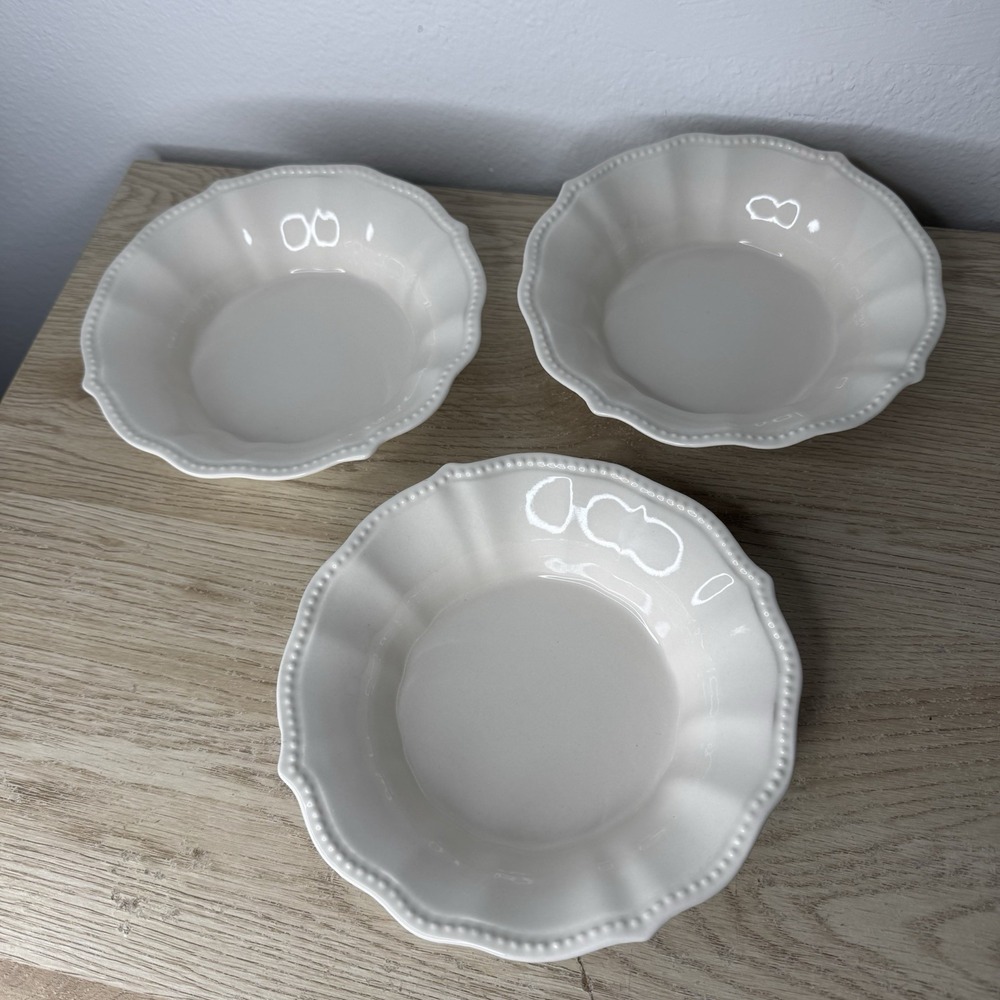 Pioneer Woman Paige Linen White Soup Pasta Bowls Set of 3 Beaded Scalloped